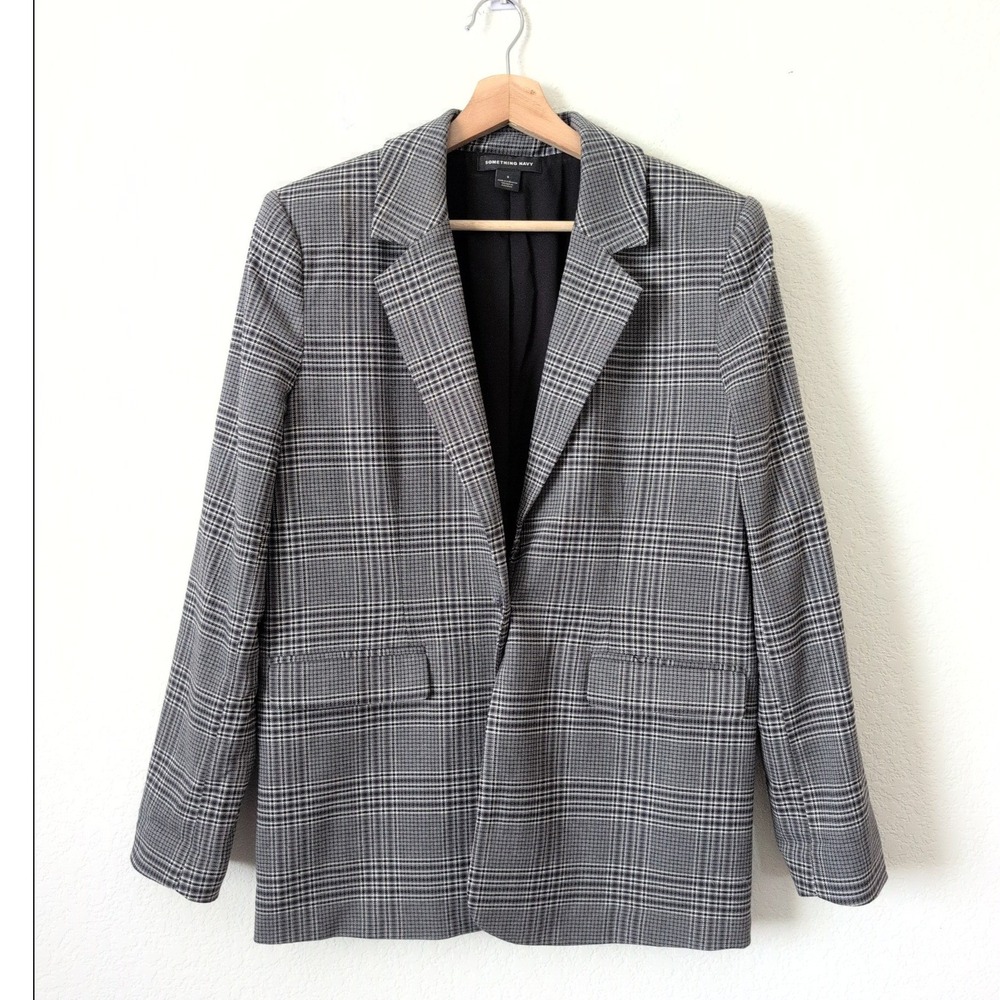 Something Navy Womens Grey Plaid Single Button Blazer Jacket Size S Career Boss